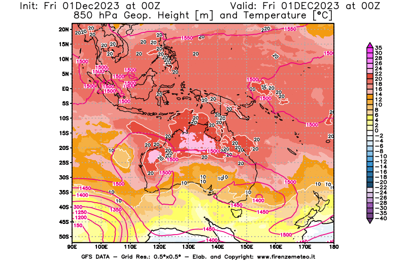 GFS analysi map - Geopotential and Temperature at 850 hPa in Oceania
									on December 1, 2023 H00
