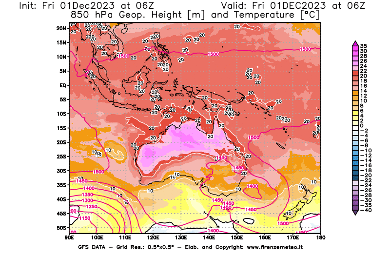 Mappa di analisi GFS - Geopotenziale e Temperatura a 850 hPa in Oceania
							del 1 dicembre 2023 z06
