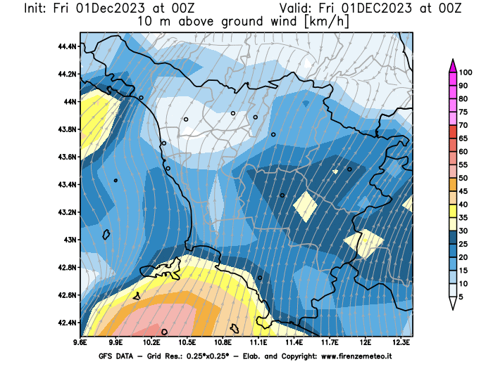 Mappa di analisi GFS - Velocità del vento a 10 metri dal suolo in Toscana
							del 1 dicembre 2023 z00