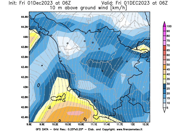Mappa di analisi GFS - Velocità del vento a 10 metri dal suolo in Toscana
							del 1 dicembre 2023 z06