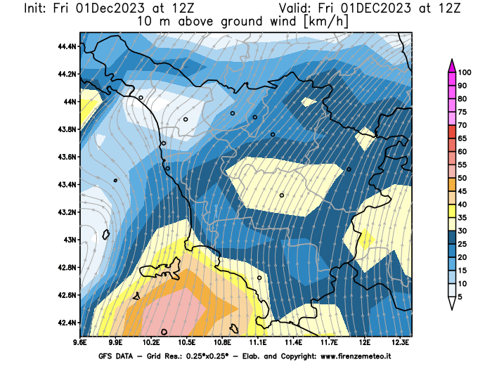 Mappa di analisi GFS - Velocità del vento a 10 metri dal suolo in Toscana
							del 1 dicembre 2023 z12