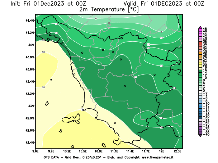 GFS analysi map - Temperature at 2 m above ground in Tuscany
									on December 1, 2023 H00