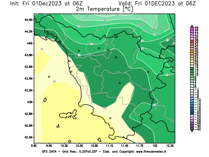 Mappa di analisi GFS - Temperatura a 2 metri dal suolo in Toscana
							del 1 dicembre 2023 z06