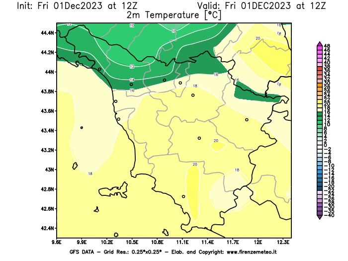 GFS analysi map - Temperature at 2 m above ground in Tuscany
									on December 1, 2023 H12
