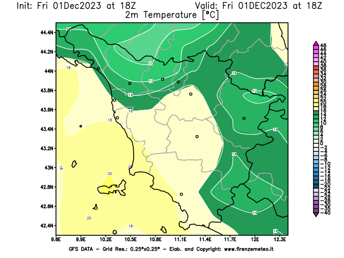 GFS analysi map - Temperature at 2 m above ground in Tuscany
									on December 1, 2023 H18