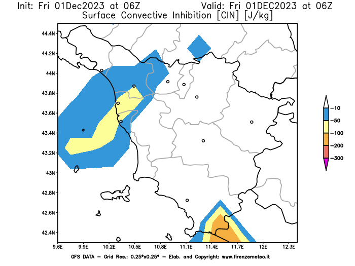 Mappa di analisi GFS - CIN in Toscana
							del 1 dicembre 2023 z06
