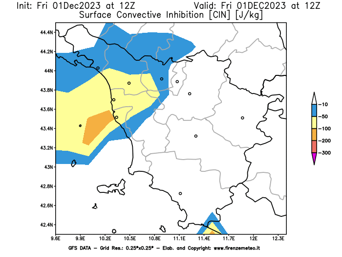 GFS analysi map - CIN in Tuscany
									on December 1, 2023 H12