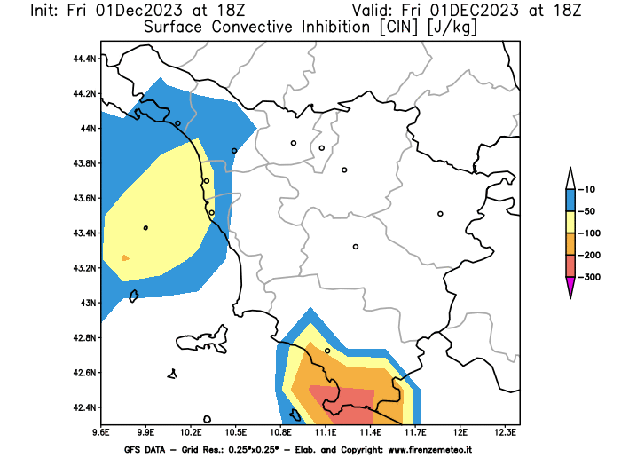 GFS analysi map - CIN in Tuscany
									on December 1, 2023 H18
