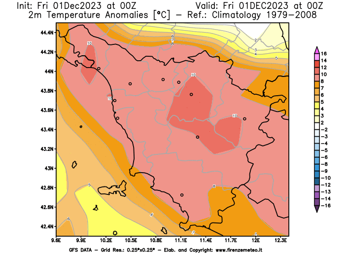 Mappa di analisi GFS - Anomalia Temperatura a 2 m in Toscana
							del 1 dicembre 2023 z00