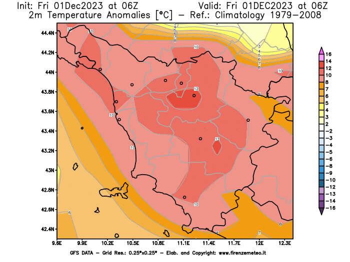 Mappa di analisi GFS - Anomalia Temperatura a 2 m in Toscana
							del 1 dicembre 2023 z06