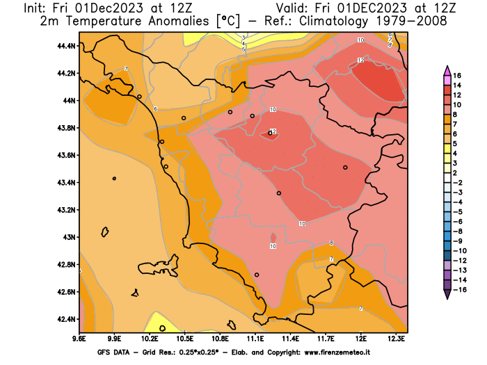 Mappa di analisi GFS - Anomalia Temperatura a 2 m in Toscana
							del 1 dicembre 2023 z12
