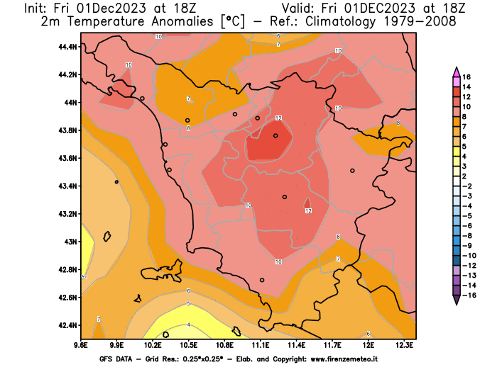Mappa di analisi GFS - Anomalia Temperatura a 2 m in Toscana
							del 1 dicembre 2023 z18