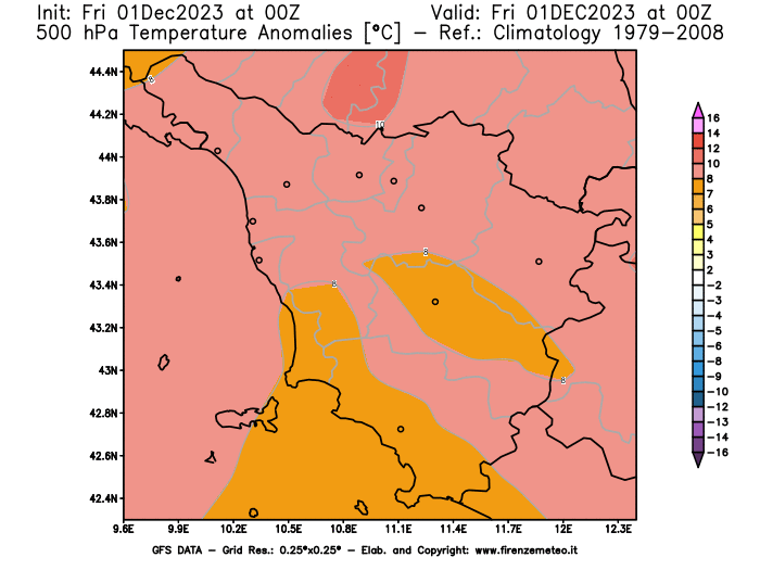 GFS analysi map - Temperature Anomalies at 500 hPa in Tuscany
									on December 1, 2023 H00