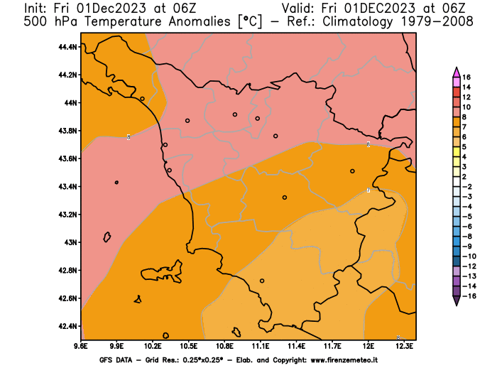 Mappa di analisi GFS - Anomalia Temperatura a 500 hPa in Toscana
							del 1 dicembre 2023 z06