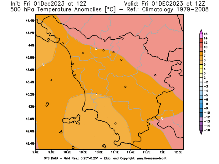 Mappa di analisi GFS - Anomalia Temperatura a 500 hPa in Toscana
							del 1 dicembre 2023 z12