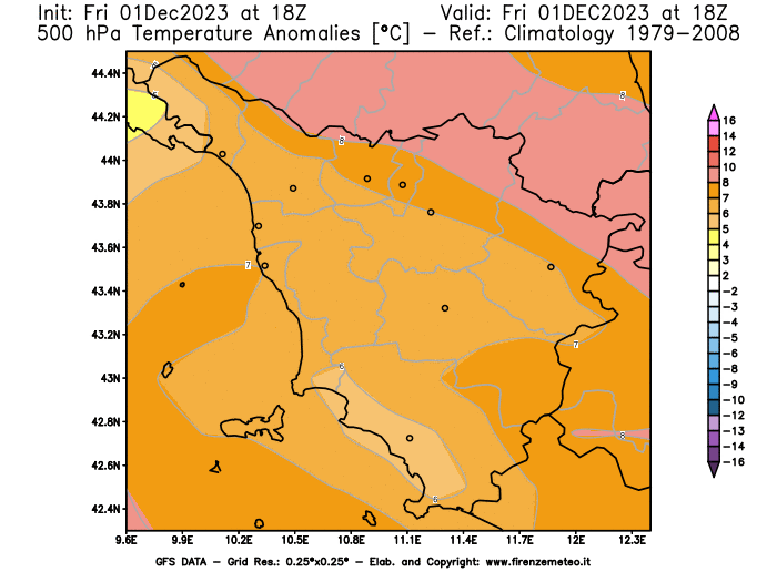 GFS analysi map - Temperature Anomalies at 500 hPa in Tuscany
									on December 1, 2023 H18