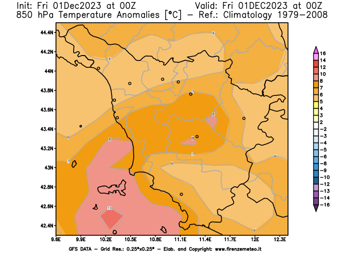 Mappa di analisi GFS - Anomalia Temperatura a 850 hPa in Toscana
							del 1 dicembre 2023 z00