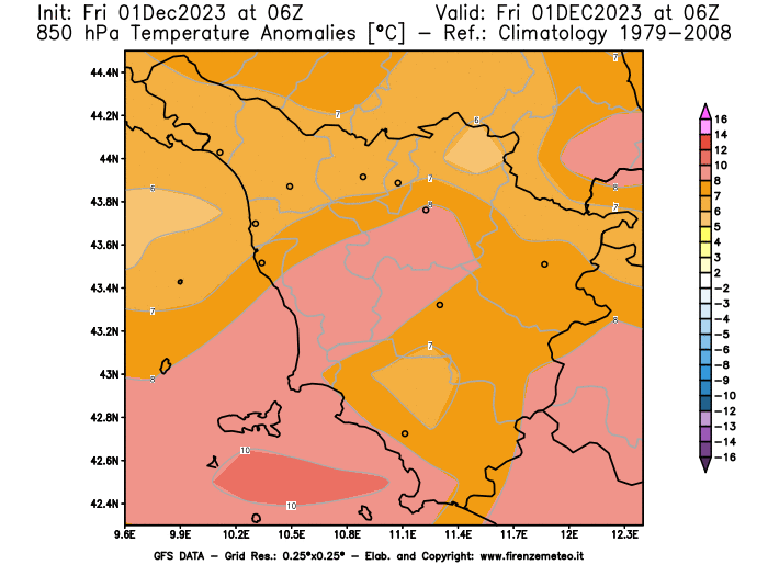 Mappa di analisi GFS - Anomalia Temperatura a 850 hPa in Toscana
							del 1 dicembre 2023 z06
