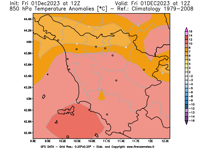 Mappa di analisi GFS - Anomalia Temperatura a 850 hPa in Toscana
							del 1 dicembre 2023 z12