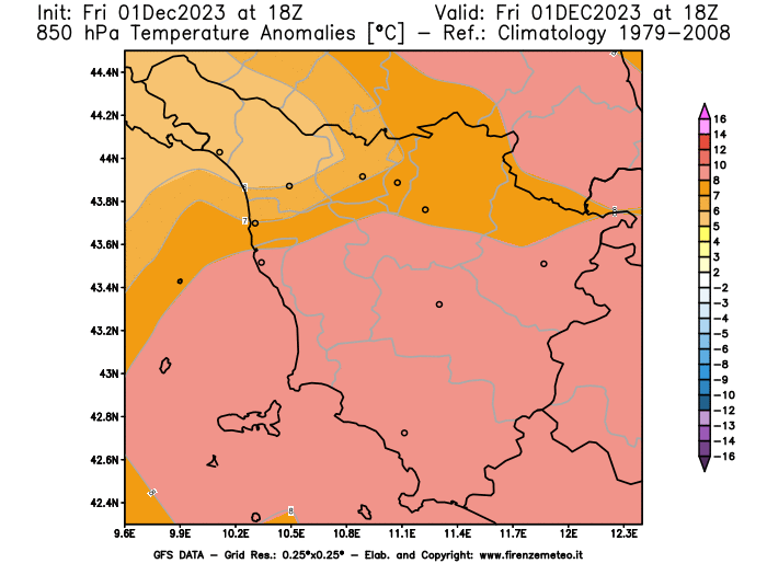 Mappa di analisi GFS - Anomalia Temperatura a 850 hPa in Toscana
							del 1 dicembre 2023 z18