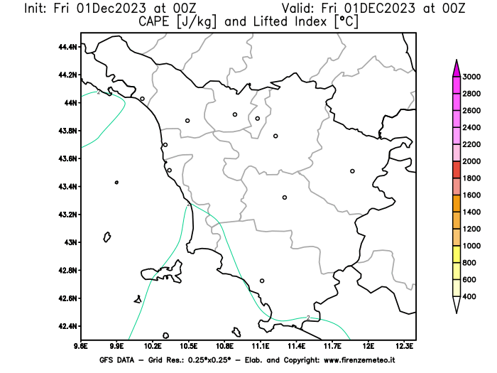 GFS analysi map - CAPE and Lifted Index in Tuscany
									on December 1, 2023 H00