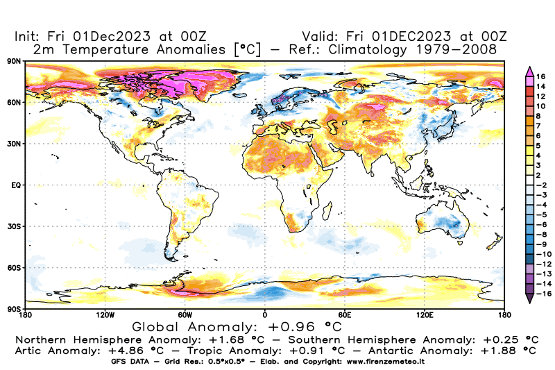 Mappa di analisi GFS - Anomalia Temperatura a 2 m in World
							del 1 dicembre 2023 z00