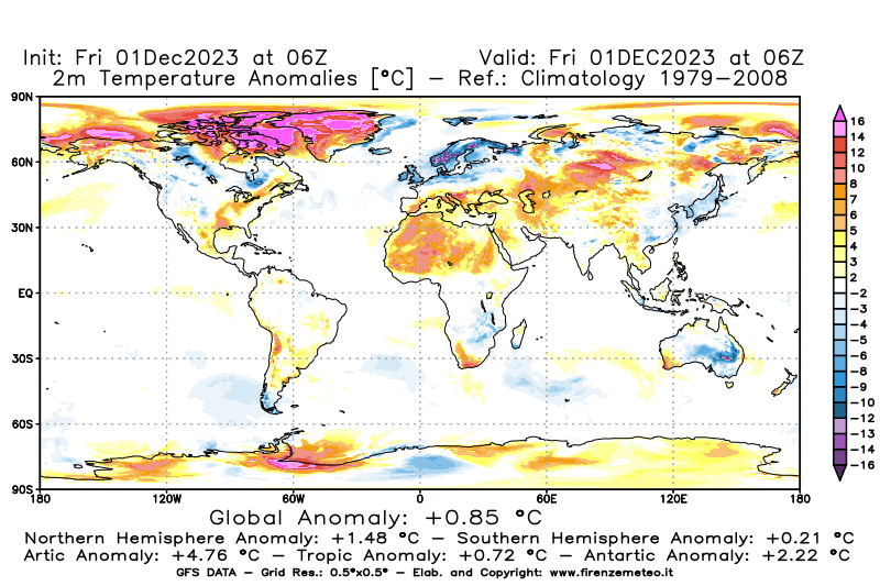 Mappa di analisi GFS - Anomalia Temperatura a 2 m in World
							del 1 dicembre 2023 z06