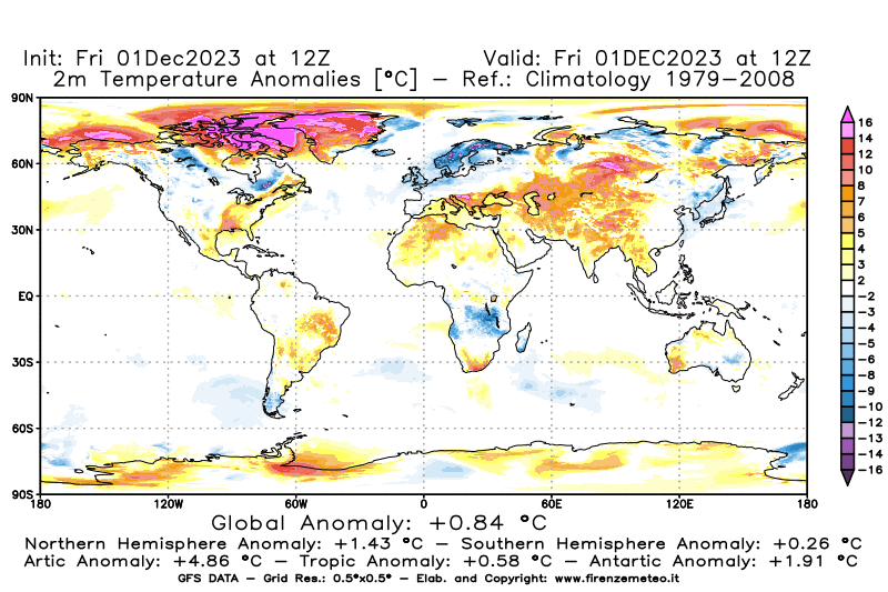 Mappa di analisi GFS - Anomalia Temperatura a 2 m in World
							del 1 dicembre 2023 z12