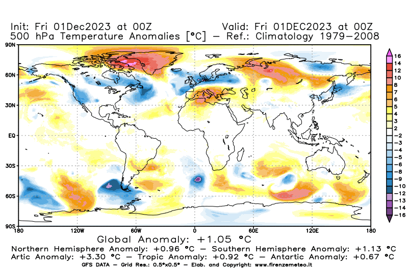 Mappa di analisi GFS - Anomalia Temperatura a 500 hPa in World
							del 1 dicembre 2023 z00