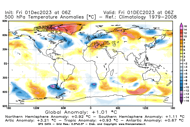 Mappa di analisi GFS - Anomalia Temperatura a 500 hPa in World
							del 1 dicembre 2023 z06
