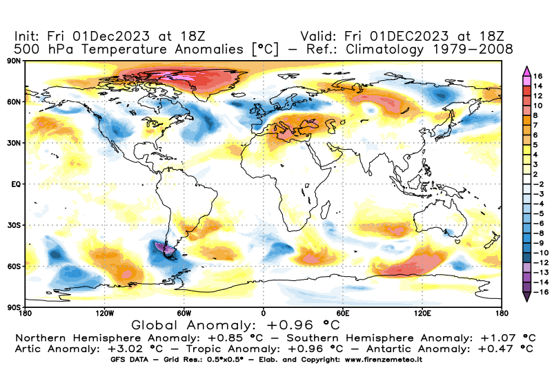 Mappa di analisi GFS - Anomalia Temperatura a 500 hPa in World
							del 1 dicembre 2023 z18