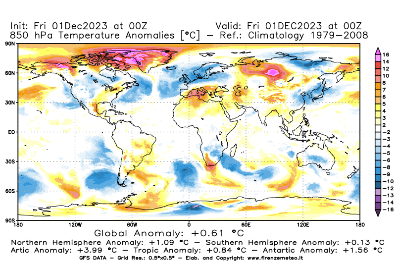 Mappa di analisi GFS - Anomalia Temperatura a 850 hPa in World
							del 1 dicembre 2023 z00