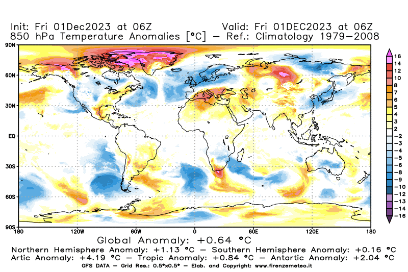 Mappa di analisi GFS - Anomalia Temperatura a 850 hPa in World
							del 1 dicembre 2023 z06