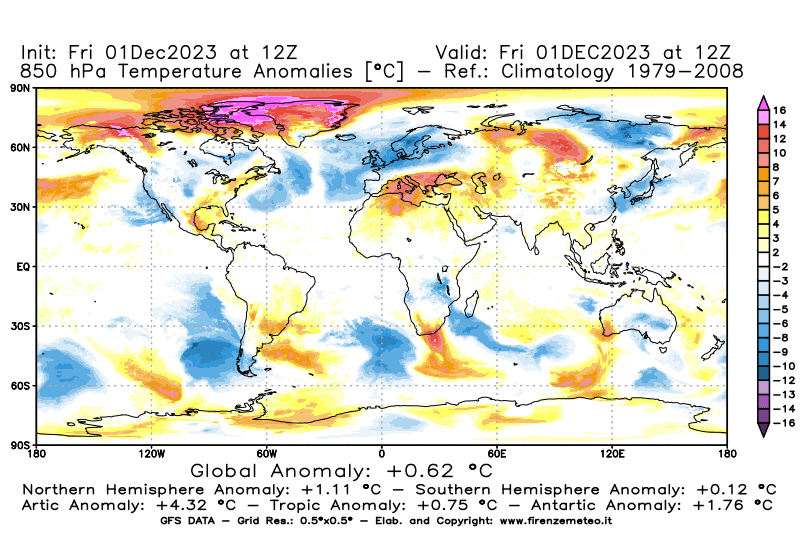 Mappa di analisi GFS - Anomalia Temperatura a 850 hPa in World
							del 1 dicembre 2023 z12