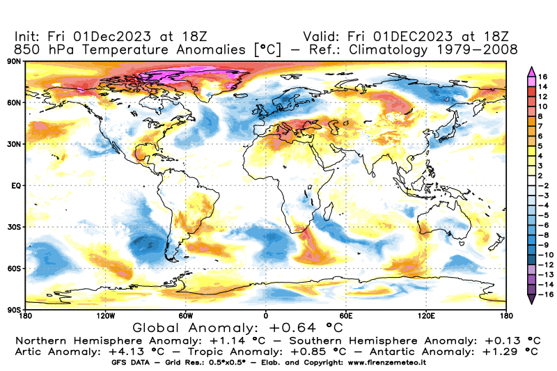Mappa di analisi GFS - Anomalia Temperatura a 850 hPa in World
							del 1 dicembre 2023 z18