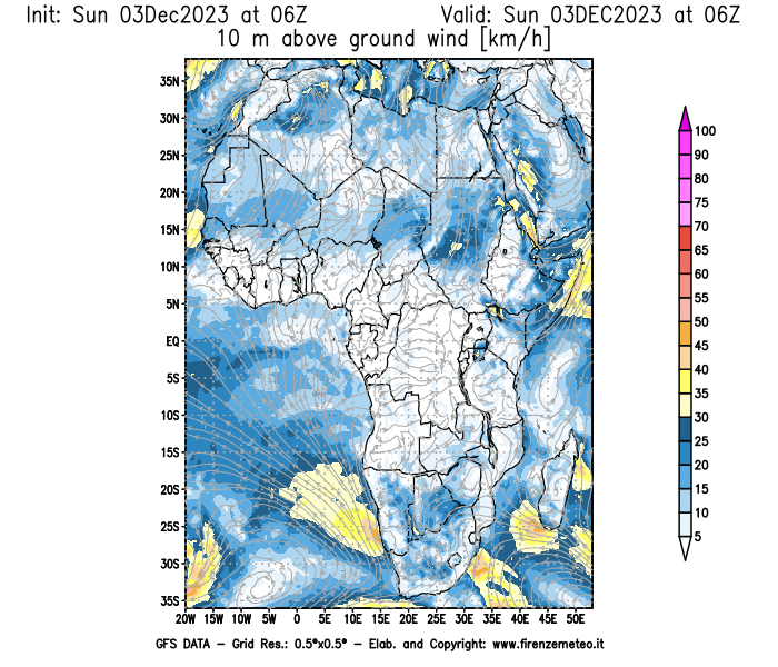 Mappa di analisi GFS - Velocità del vento a 10 metri dal suolo in Africa
							del 3 dicembre 2023 z06