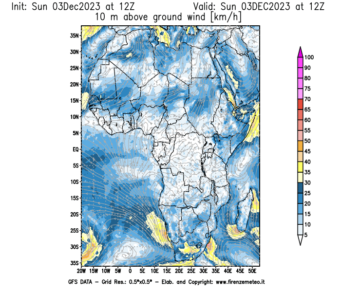 Mappa di analisi GFS - Velocità del vento a 10 metri dal suolo in Africa
							del 3 dicembre 2023 z12