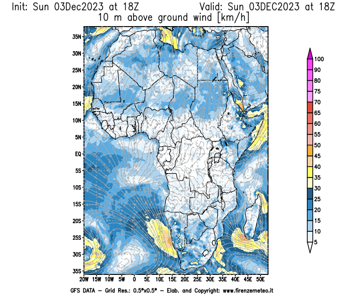 Mappa di analisi GFS - Velocità del vento a 10 metri dal suolo in Africa
							del 3 dicembre 2023 z18