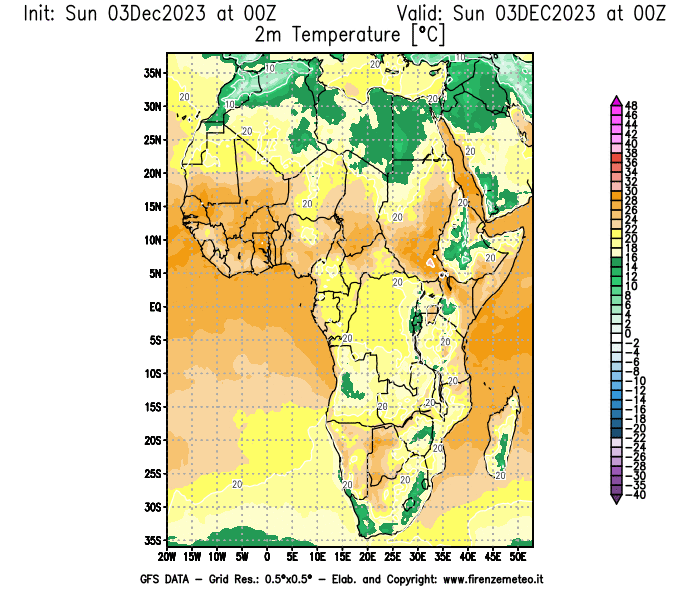 Mappa di analisi GFS - Temperatura a 2 metri dal suolo in Africa
							del 3 dicembre 2023 z00