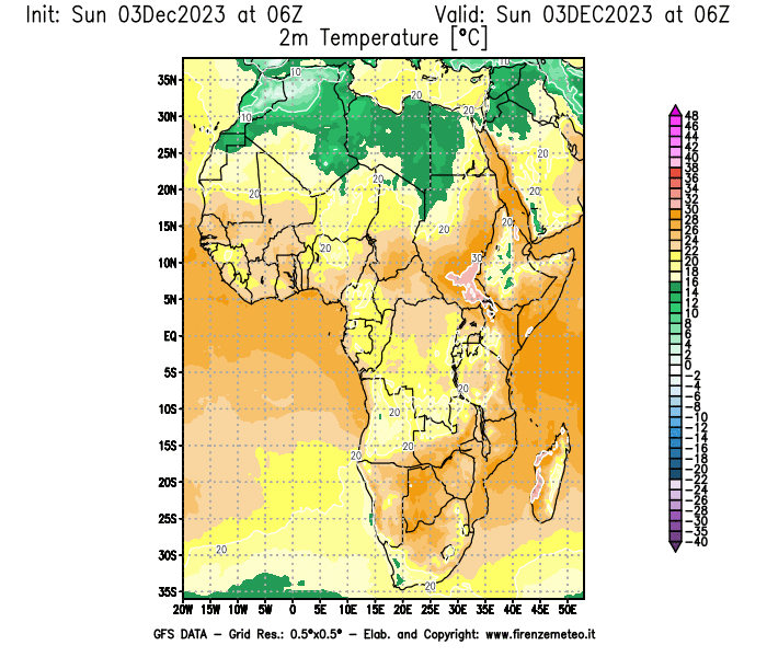 Mappa di analisi GFS - Temperatura a 2 metri dal suolo in Africa
							del 3 dicembre 2023 z06