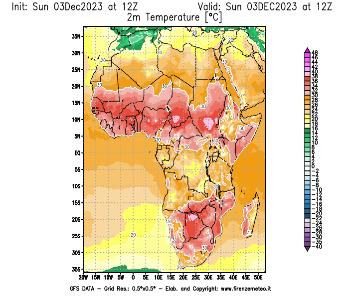 Mappa di analisi GFS - Temperatura a 2 metri dal suolo in Africa
							del 3 dicembre 2023 z12