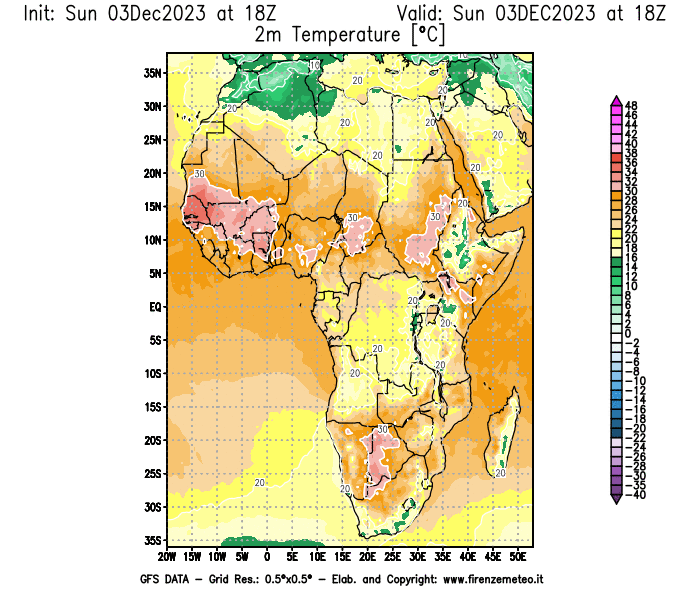 Mappa di analisi GFS - Temperatura a 2 metri dal suolo in Africa
							del 3 dicembre 2023 z18