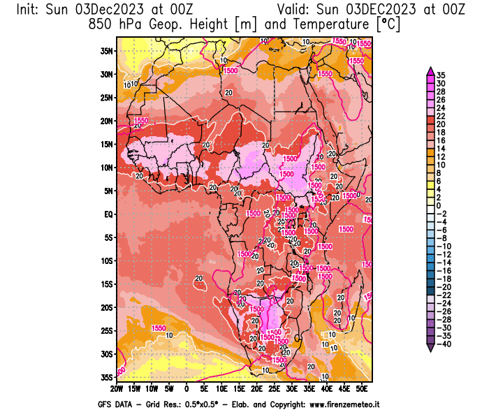Mappa di analisi GFS - Geopotenziale e Temperatura a 850 hPa in Africa
							del 3 dicembre 2023 z00