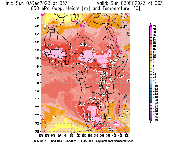 GFS analysi map - Geopotential and Temperature at 850 hPa in Africa
									on December 3, 2023 H06