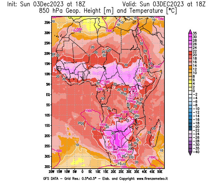 Mappa di analisi GFS - Geopotenziale e Temperatura a 850 hPa in Africa
							del 3 dicembre 2023 z18