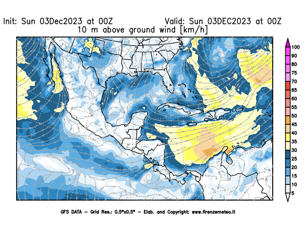 Mappa di analisi GFS - Velocità del vento a 10 metri dal suolo in Centro-America
							del 3 dicembre 2023 z00