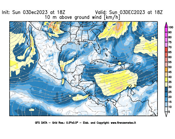 Mappa di analisi GFS - Velocità del vento a 10 metri dal suolo in Centro-America
							del 3 dicembre 2023 z18