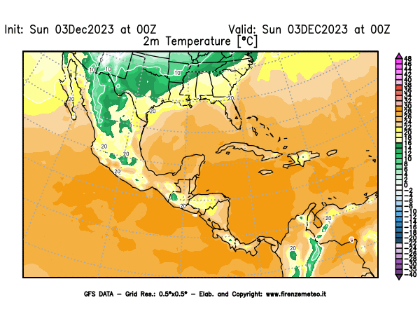 Mappa di analisi GFS - Temperatura a 2 metri dal suolo in Centro-America
							del 3 dicembre 2023 z00