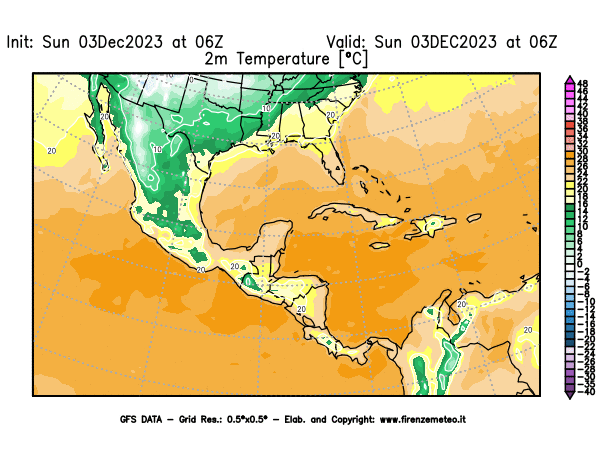 Mappa di analisi GFS - Temperatura a 2 metri dal suolo in Centro-America
							del 3 dicembre 2023 z06