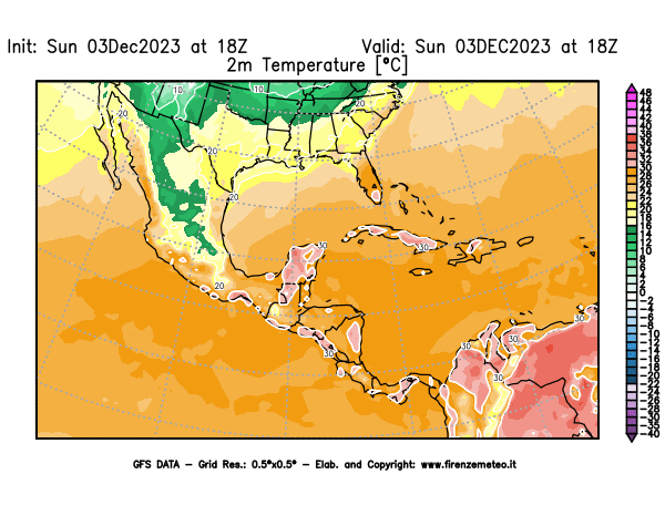 Mappa di analisi GFS - Temperatura a 2 metri dal suolo in Centro-America
							del 3 dicembre 2023 z18